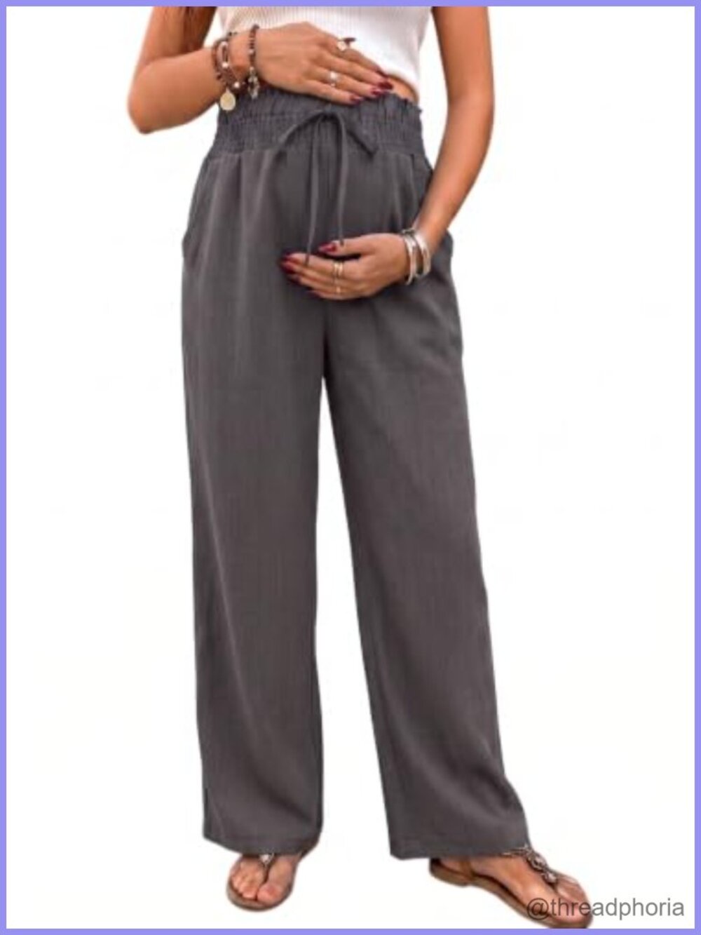 Maternity Wide Leg Palazzo Pants High Waist Adjustable Drawstring Polyester